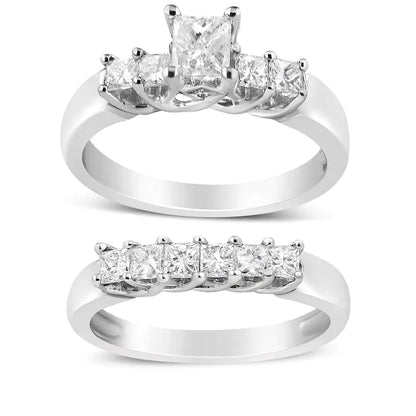 14K White Gold 1 1/2 Cttw 5 Stone Princess Diamond Engagement Wedding Ring Set (H - I Color, SI2 - I1 Clarity) - Jaazi Intl