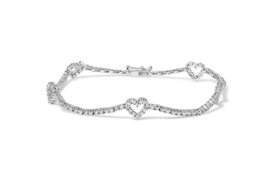 14K White Gold 1 1/2 Cttw Diamond Heart Station Strand Bracelet (H - I Color, I1 - I2 Clarity) - 7.5 Inches - Jaazi Intl