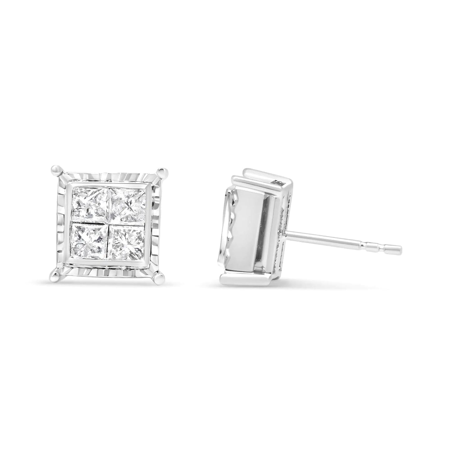 14K White Gold 1 1/2 Cttw Invisible Set Princess - Cut Diamond Contemporary Wavy Quad Stud Earrings (I - J Color, I1 - I2 Clarity) - Jaazi Intl