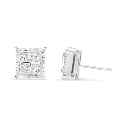 14K White Gold 1 1/2 Cttw Invisible Set Princess - Cut Diamond Contemporary Wavy Quad Stud Earrings (I - J Color, I1 - I2 Clarity) - Jaazi Intl