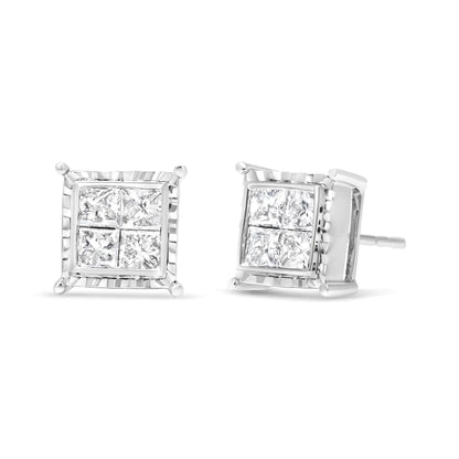 14K White Gold 1 1/2 Cttw Invisible Set Princess - Cut Diamond Contemporary Wavy Quad Stud Earrings (I - J Color, I1 - I2 Clarity) - Jaazi Intl