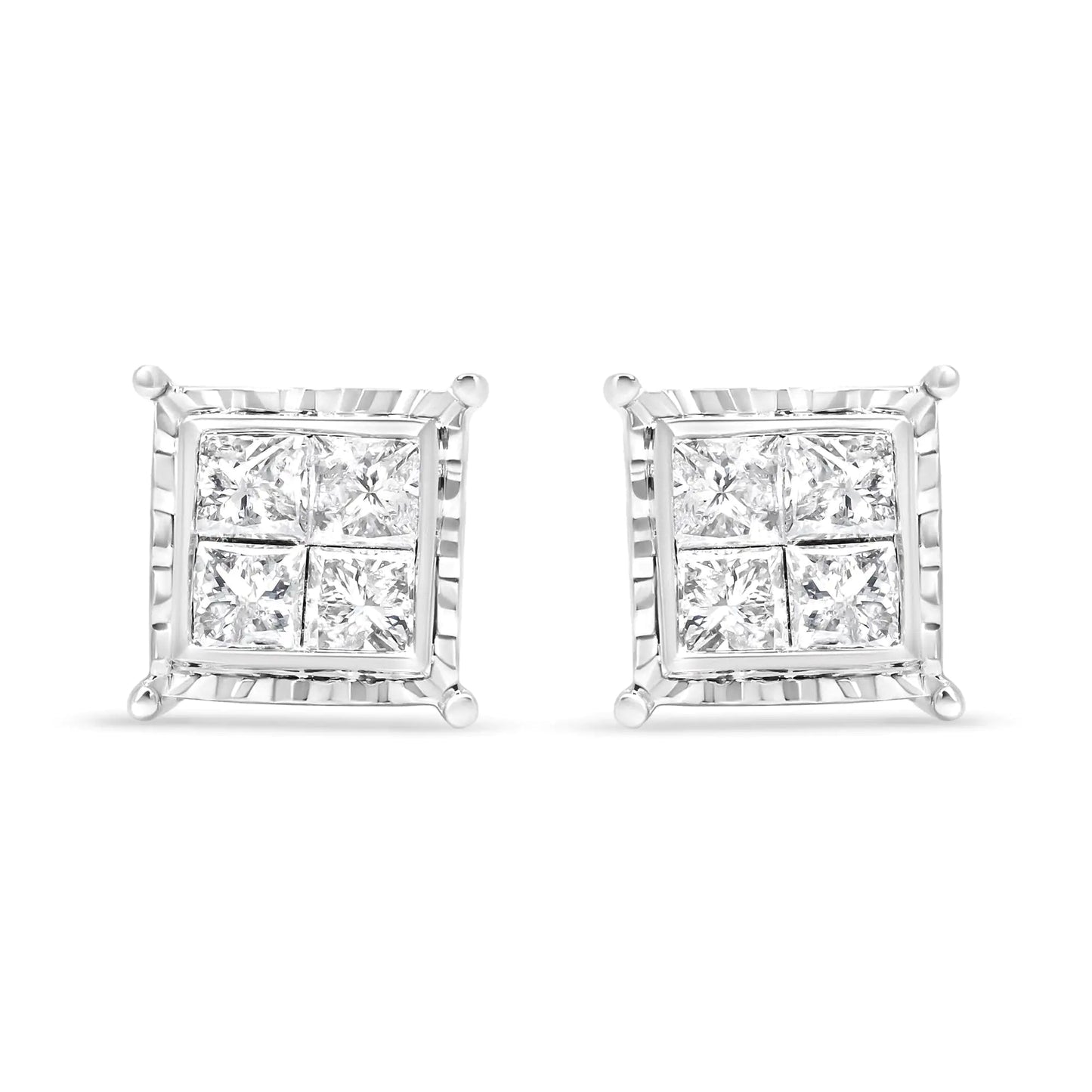 14K White Gold 1 1/2 Cttw Invisible Set Princess - Cut Diamond Contemporary Wavy Quad Stud Earrings (I - J Color, I1 - I2 Clarity) - Jaazi Intl