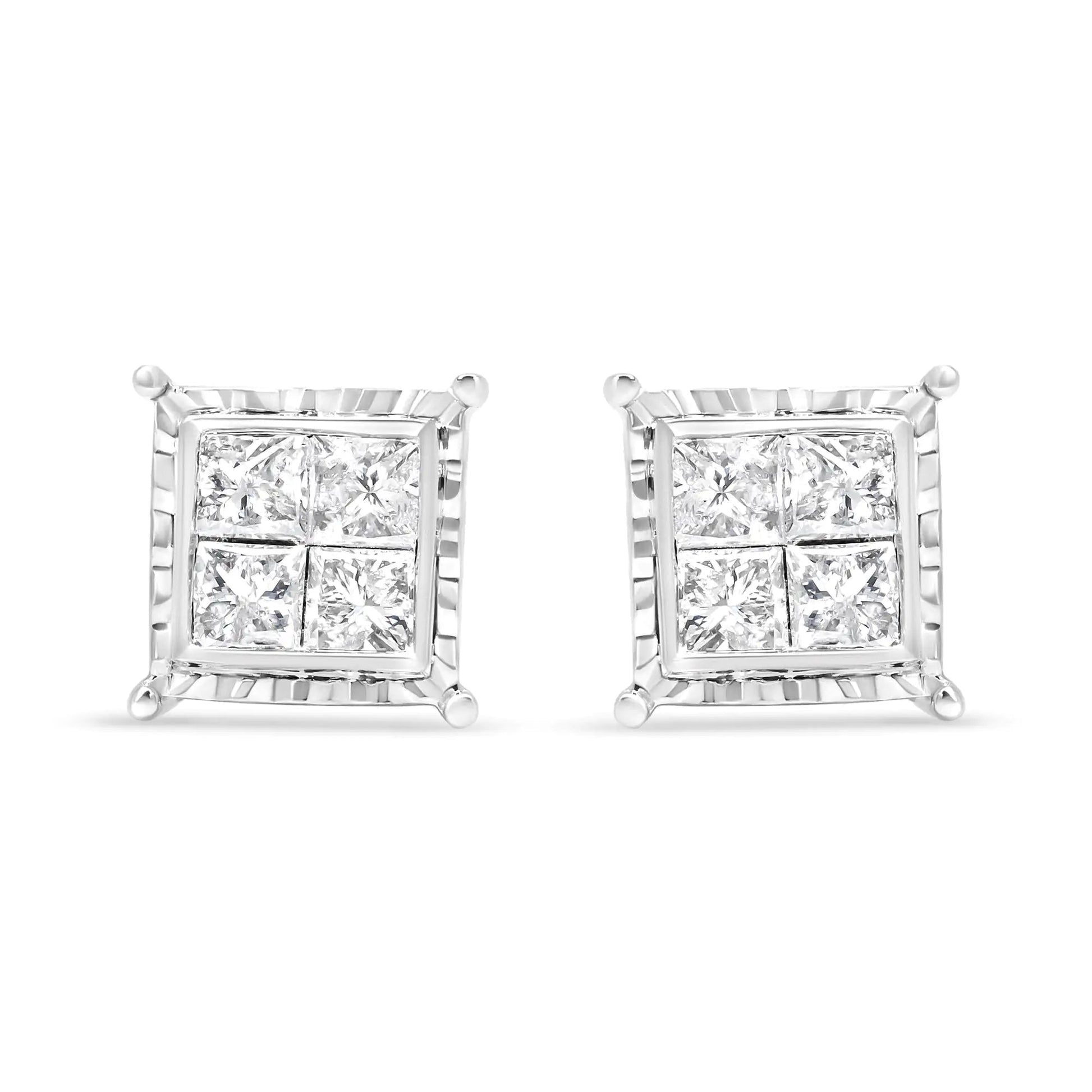 14K White Gold 1 1/2 Cttw Invisible Set Princess - Cut Diamond Contemporary Wavy Quad Stud Earrings (I - J Color, I1 - I2 Clarity) - Jaazi Intl