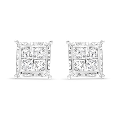 14K White Gold 1 1/2 Cttw Invisible Set Princess - Cut Diamond Contemporary Wavy Quad Stud Earrings (I - J Color, I1 - I2 Clarity) - Jaazi Intl