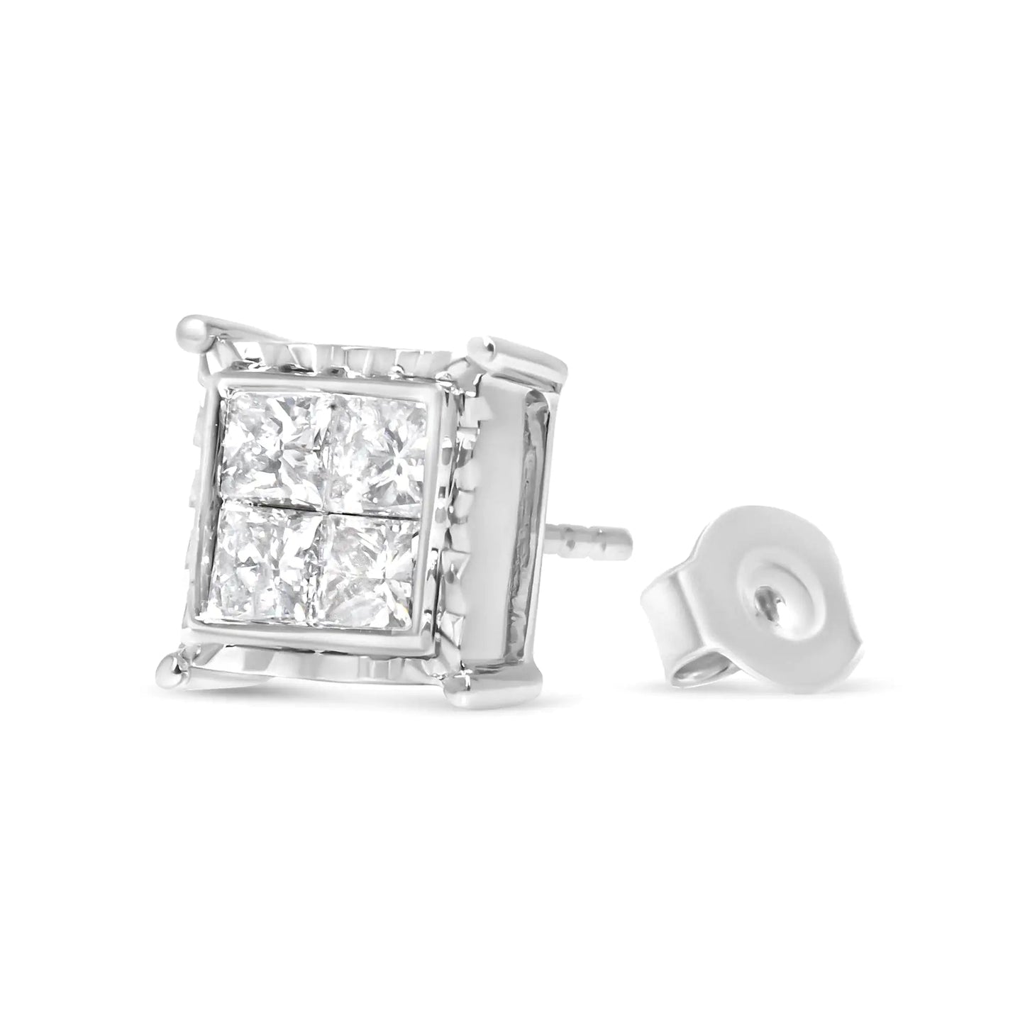 14K White Gold 1 1/2 Cttw Invisible Set Princess - Cut Diamond Contemporary Wavy Quad Stud Earrings (I - J Color, I1 - I2 Clarity) - Jaazi Intl