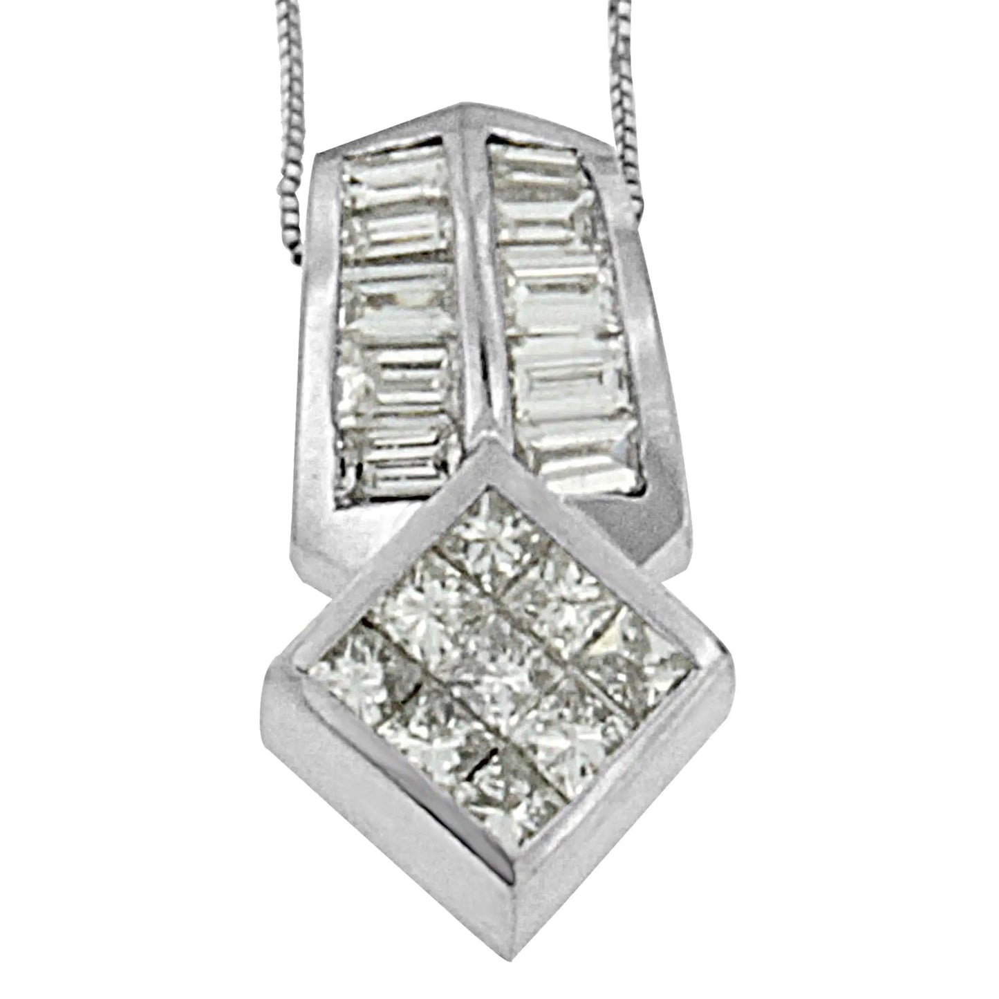 14K White Gold 1 1/2 cttw Princess and Baguette Cut Diamond Multi - shape Pendant Necklace (G - H, VS1 - VS2) - Jaazi Intl