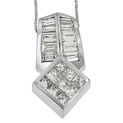 14K White Gold 1 1/2 cttw Princess and Baguette Cut Diamond Multi - shape Pendant Necklace (G - H, VS1 - VS2) - Jaazi Intl