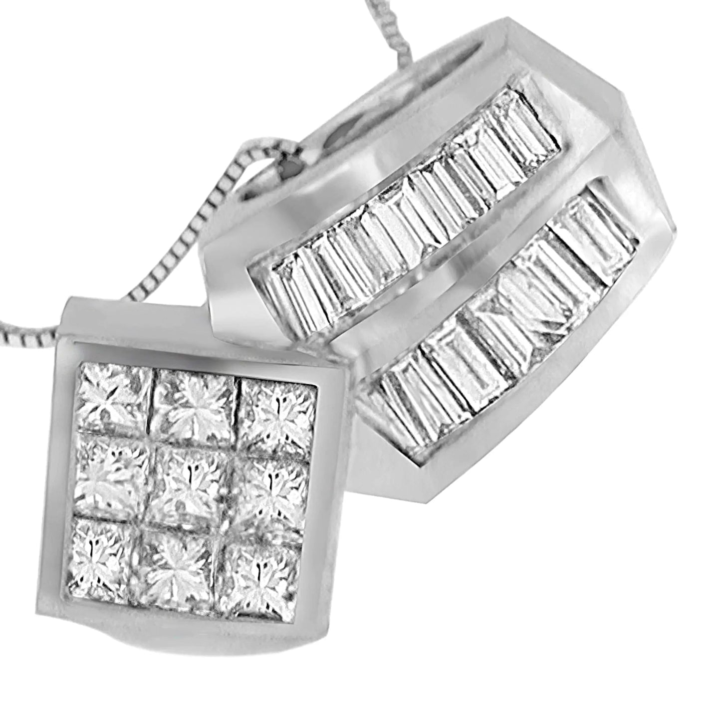 14K White Gold 1 1/2 cttw Princess and Baguette Cut Diamond Multi - shape Pendant Necklace (G - H, VS1 - VS2) - Jaazi Intl