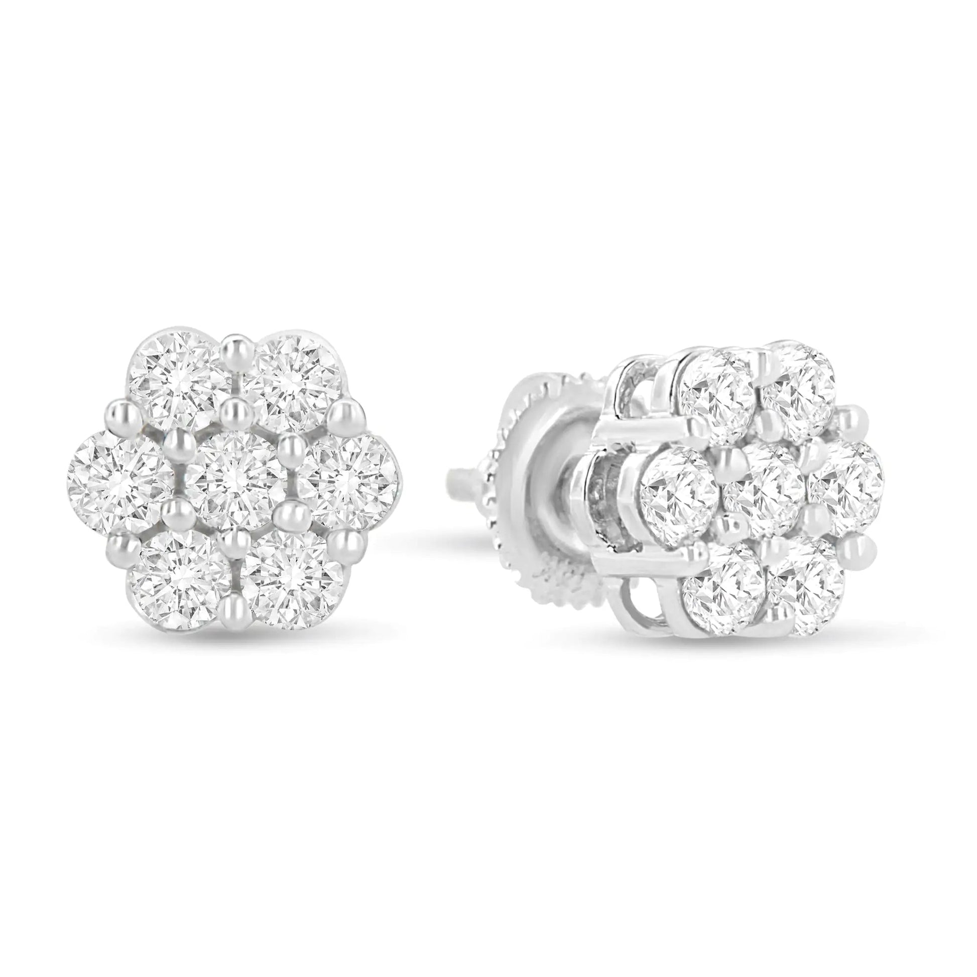 14K White Gold 1 1/2 cttw Prong Set Round - Cut Diamond Floral Cluster Stud Earrings (I - J Color, SI1 - SI2 Clarity) - Jaazi Intl