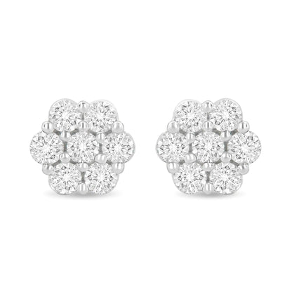 14K White Gold 1 1/2 cttw Prong Set Round - Cut Diamond Floral Cluster Stud Earrings (I - J Color, SI1 - SI2 Clarity) - Jaazi Intl