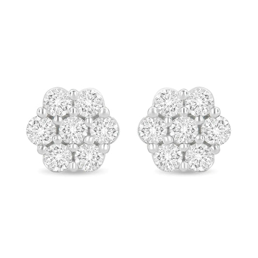 14K White Gold 1 1/2 cttw Prong Set Round - Cut Diamond Floral Cluster Stud Earrings (I - J Color, SI1 - SI2 Clarity) - Jaazi Intl