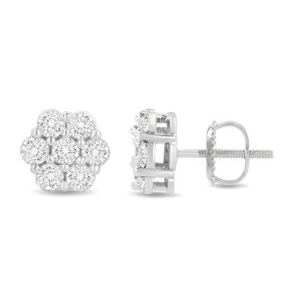 14K White Gold 1 1/2 cttw Prong Set Round - Cut Diamond Floral Cluster Stud Earrings (I - J Color, SI1 - SI2 Clarity) - Jaazi Intl