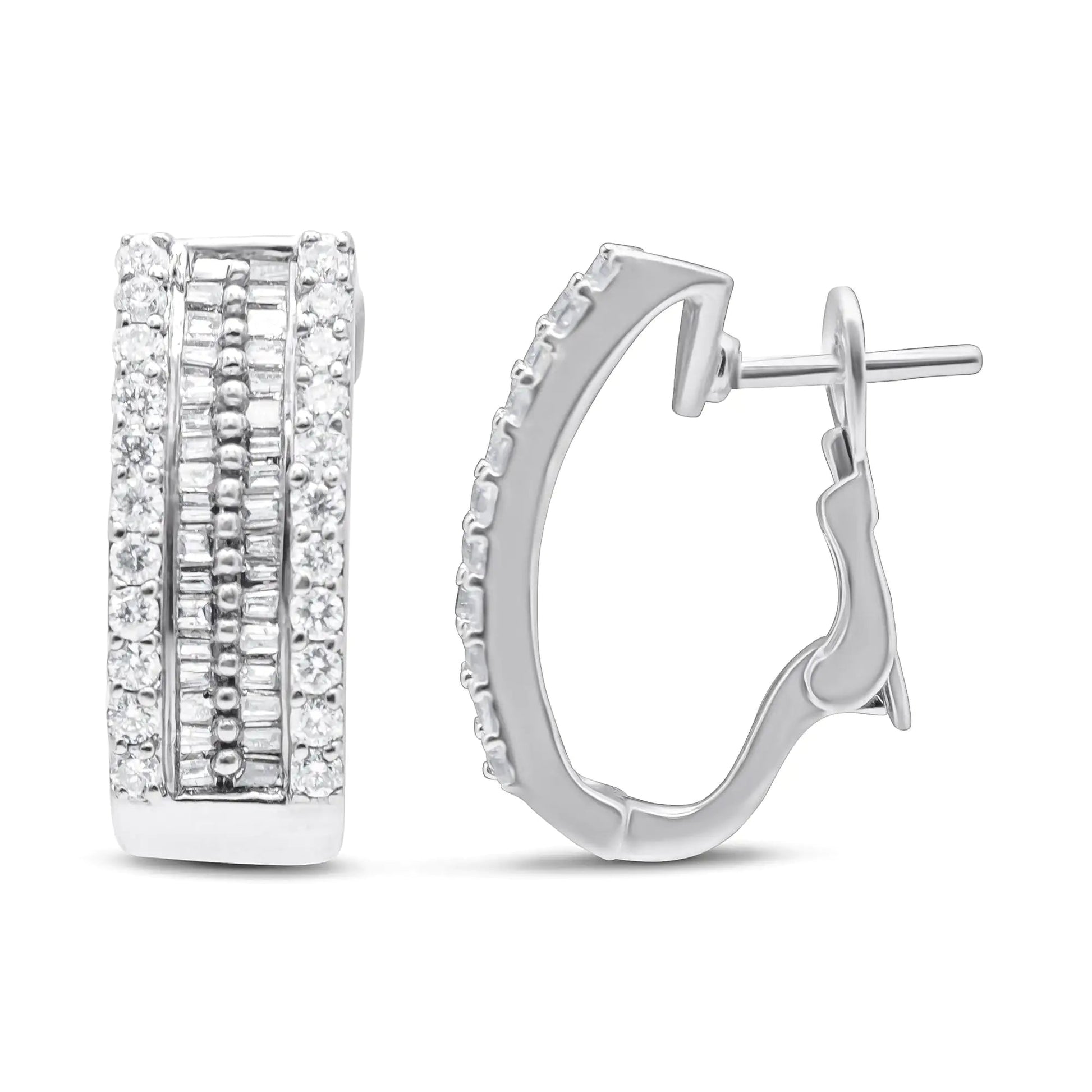 14K White Gold 1 1/2 cttw Round and Baguette Cut Diamond Earrings (H - I, SI2 - I1) - Jaazi Intl