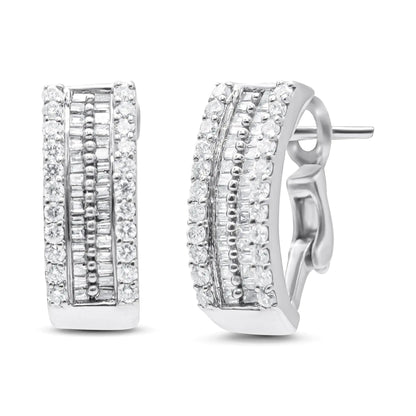 14K White Gold 1 1/2 cttw Round and Baguette Cut Diamond Earrings (H - I, SI2 - I1) - Jaazi Intl