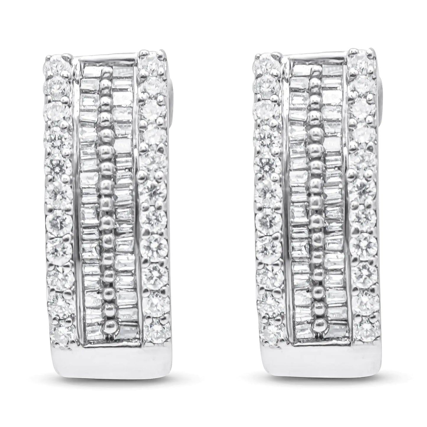 14K White Gold 1 1/2 cttw Round and Baguette Cut Diamond Earrings (H - I, SI2 - I1) - Jaazi Intl