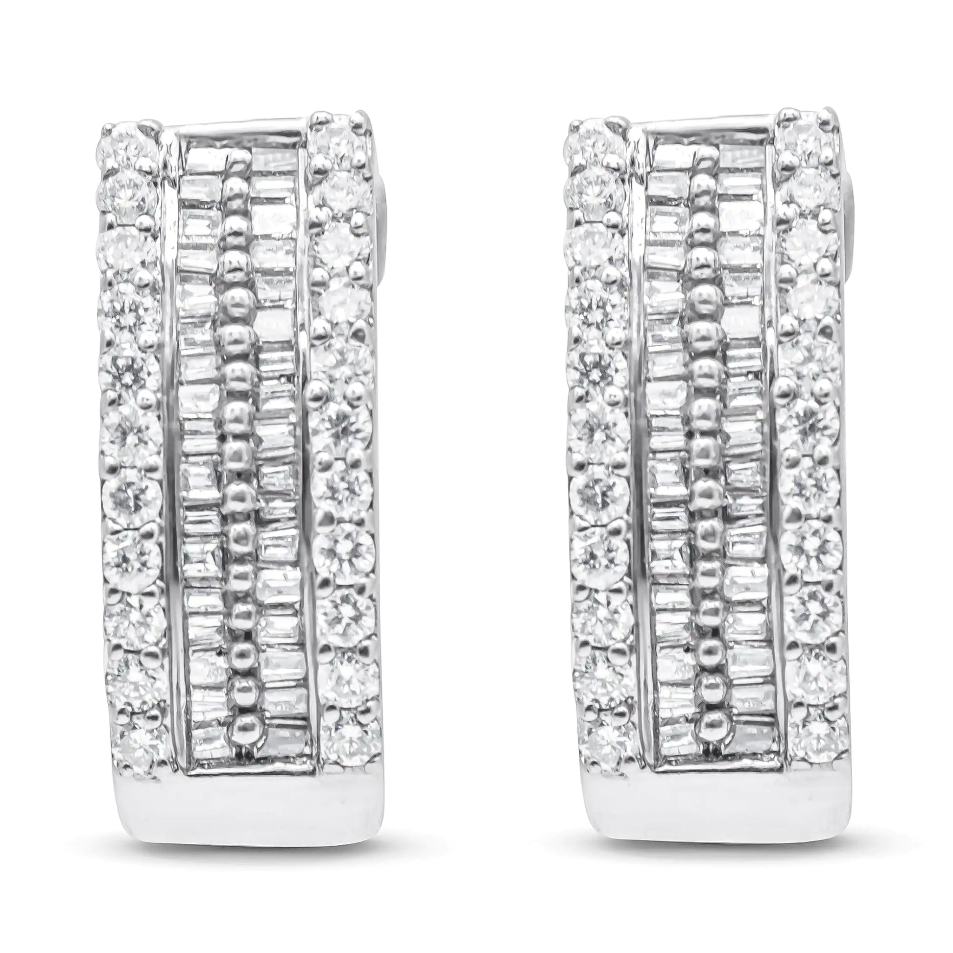 14K White Gold 1 1/2 cttw Round and Baguette Cut Diamond Earrings (H - I, SI2 - I1) - Jaazi Intl