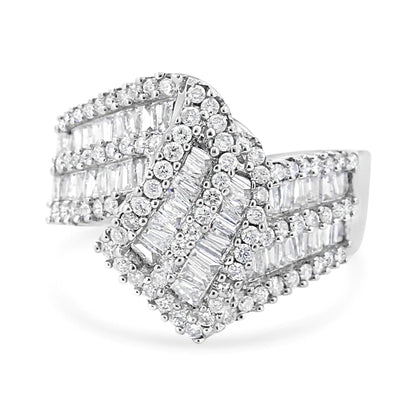 14K White Gold 1 - 1/2 Cttw Round and Baguette Diamond Bypass Cocktail Ring Band (H - I Color, SI1 - SI2 Clarity) - Jaazi Intl