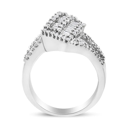 14K White Gold 1 - 1/2 Cttw Round and Baguette Diamond Bypass Cocktail Ring Band (H - I Color, SI1 - SI2 Clarity) - Jaazi Intl