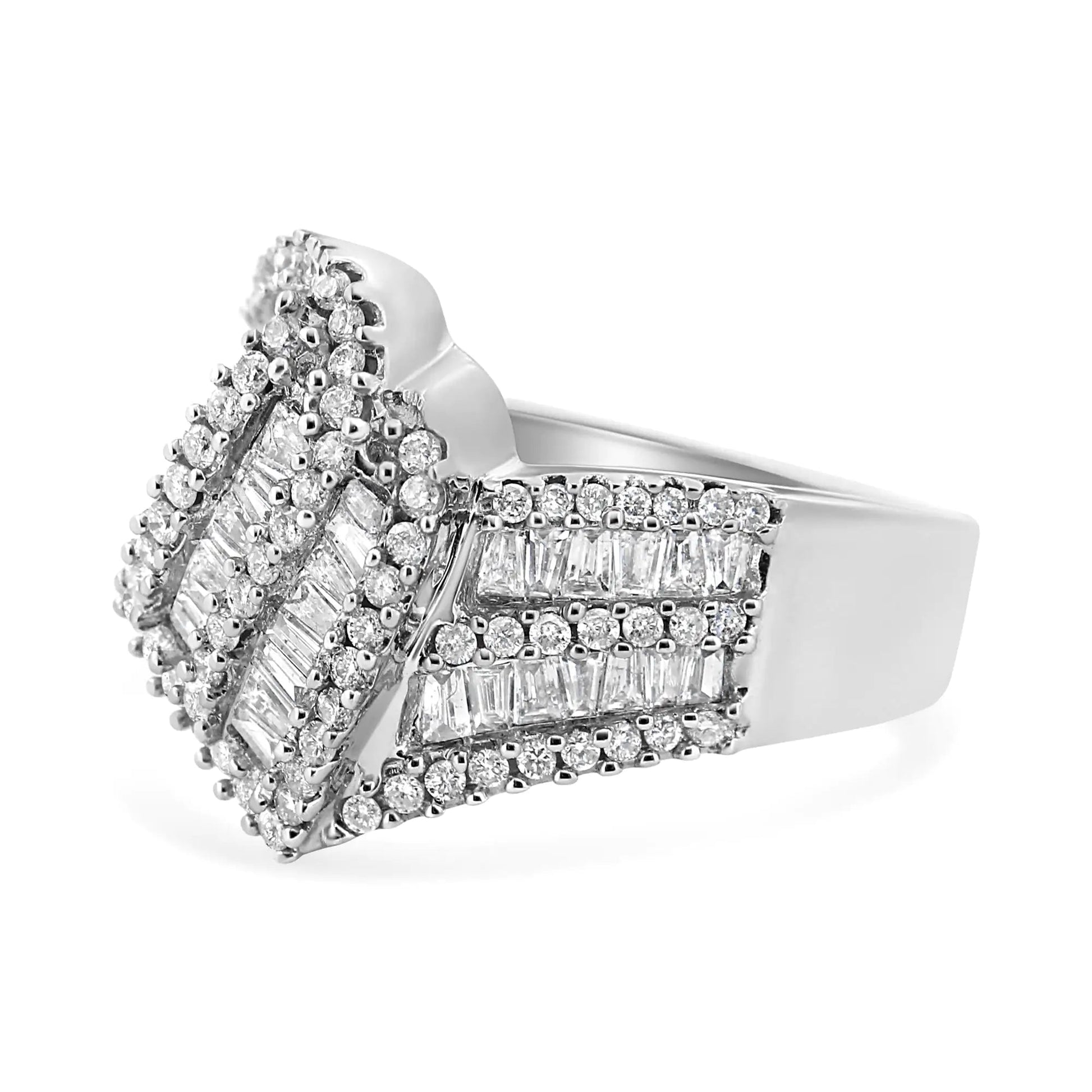 14K White Gold 1 - 1/2 Cttw Round and Baguette Diamond Bypass Cocktail Ring Band (H - I Color, SI1 - SI2 Clarity) - Jaazi Intl