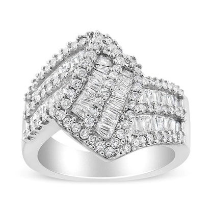 14K White Gold 1 - 1/2 Cttw Round and Baguette Diamond Bypass Cocktail Ring Band (H - I Color, SI1 - SI2 Clarity) - Jaazi Intl