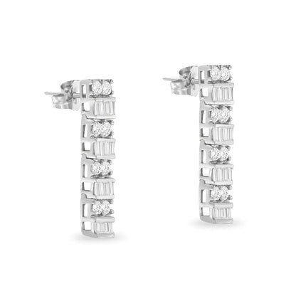 14K White Gold 1 1/3 cttw Round And Baguette Cut Diamond Earrings (H - I, SI2 - I1) - Jaazi Intl