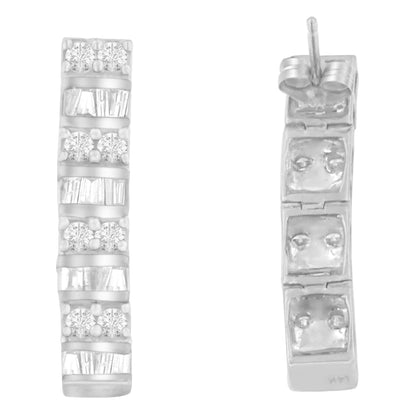 14K White Gold 1 1/3 cttw Round And Baguette Cut Diamond Earrings (H - I, SI2 - I1) - Jaazi Intl