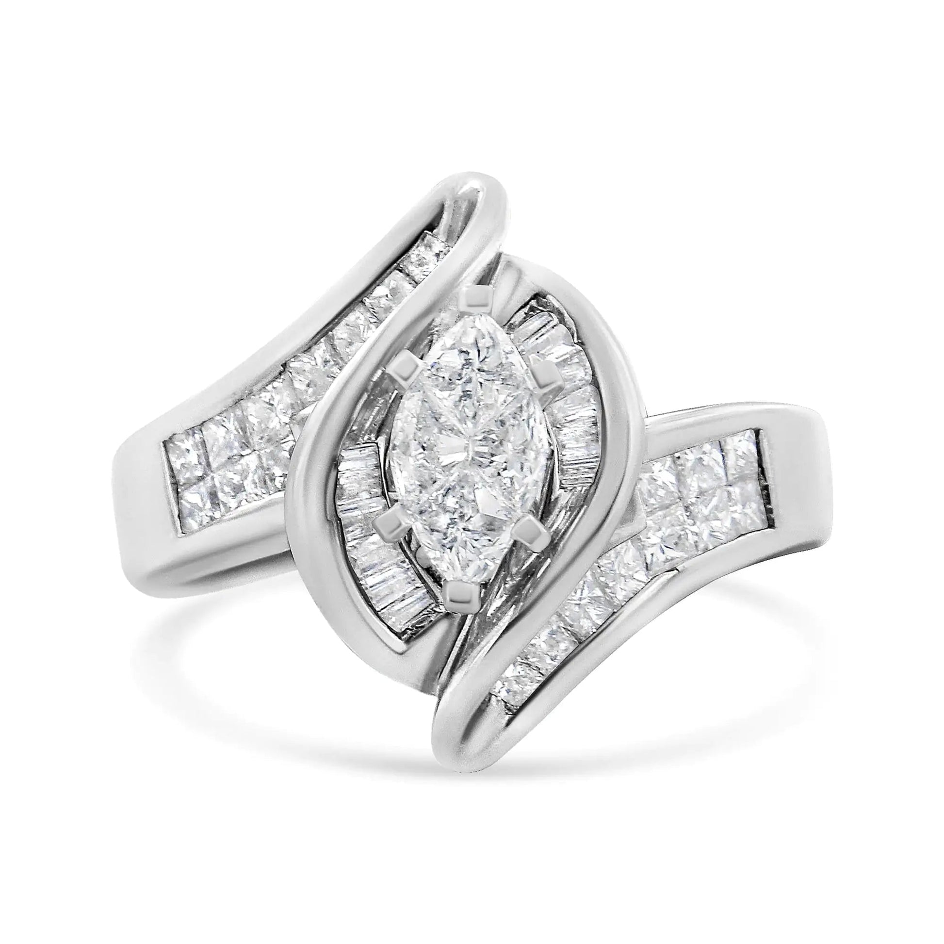 14K White Gold 1 1/4 Cttw Pie, Baguette and Princess cut Diamond Marquise Shape Engagement Cocktail Ring (H - I Color, SI2 - I1 Clarity) - Jaazi Intl