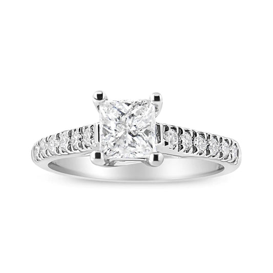 14K White Gold 1 1/5 Cttw 4 - Prong Set Princess Diamond Classic Engagement Ring (I1 - I2 Color, H - I Clarity) Ring - Jaazi International