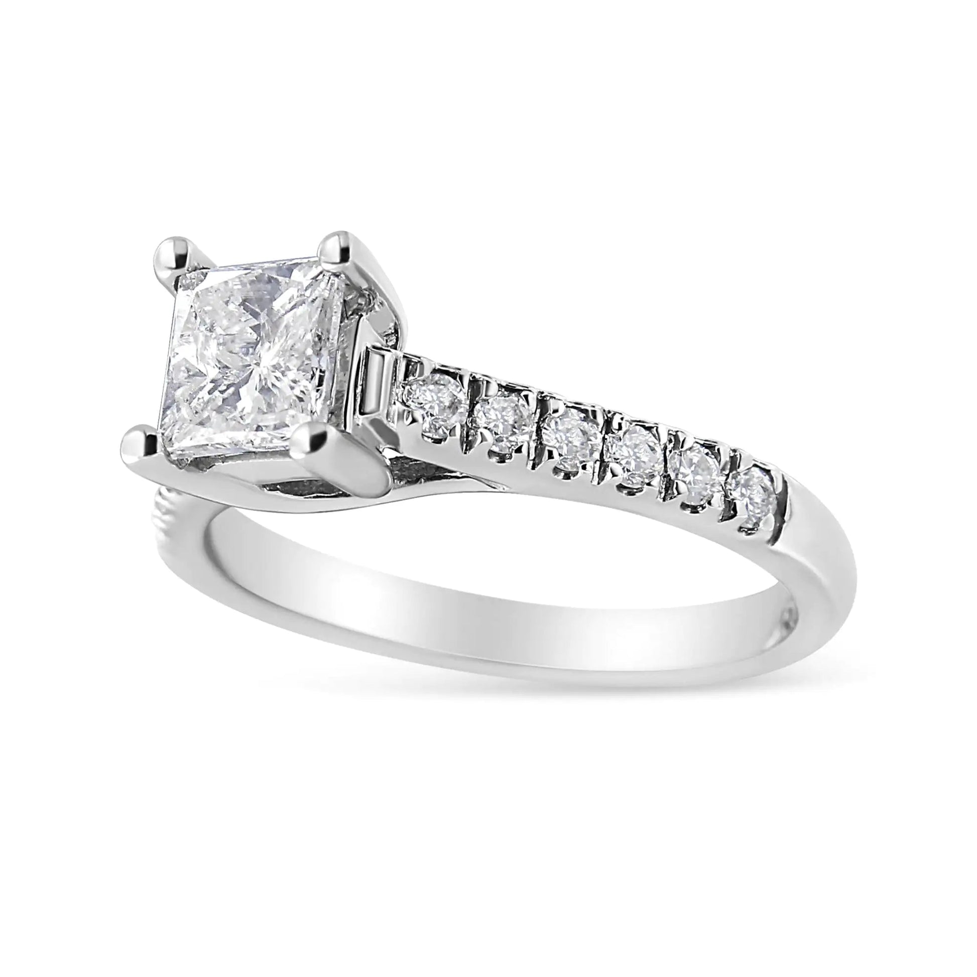 14K White Gold 1 1/5 Cttw 4 - Prong Set Princess Diamond Classic Engagement Ring (I1 - I2 Color, H - I Clarity) Ring - Jaazi International