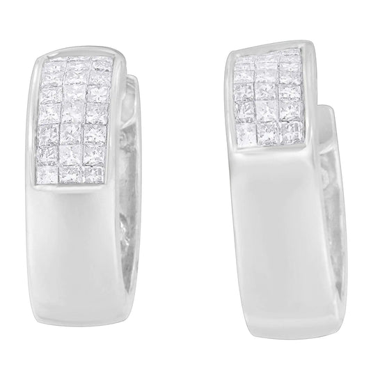 14K White Gold 1 1/8 cttw Princess and Round Cut Diamond Huggie Earrings (H - I, VS1 - VS2) - Jaazi Intl