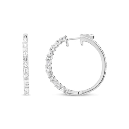 14K White Gold 1 3/4 Cttw Round and Baguette Diamond Hoop Earrings - (H - I Color, SI2 - I1 Clarity) - Jaazi International