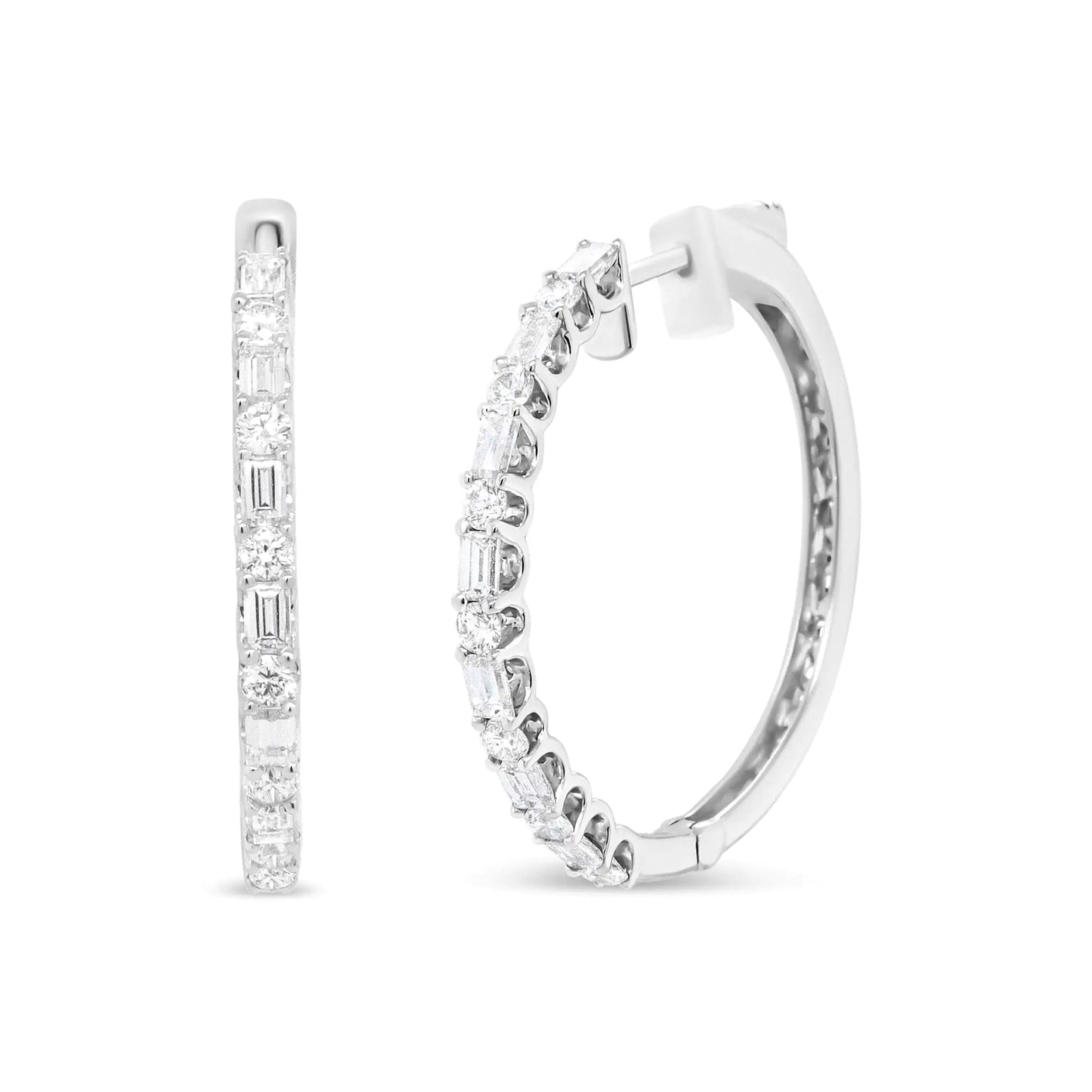 14K White Gold 1 3/4 Cttw Round and Baguette Diamond Hoop Earrings - (H - I Color, SI2 - I1 Clarity) - Jaazi International