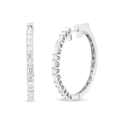 14K White Gold 1 3/4 Cttw Round and Baguette Diamond Hoop Earrings - (H - I Color, SI2 - I1 Clarity) - Jaazi International