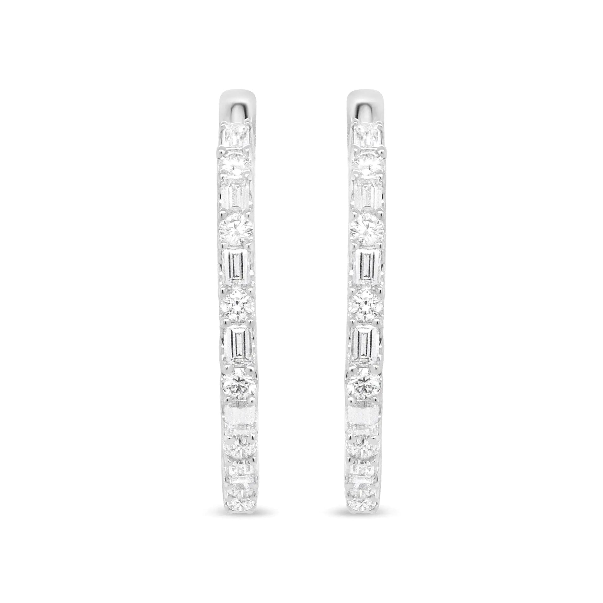 14K White Gold 1 3/4 Cttw Round and Baguette Diamond Hoop Earrings - (H - I Color, SI2 - I1 Clarity) - Jaazi International