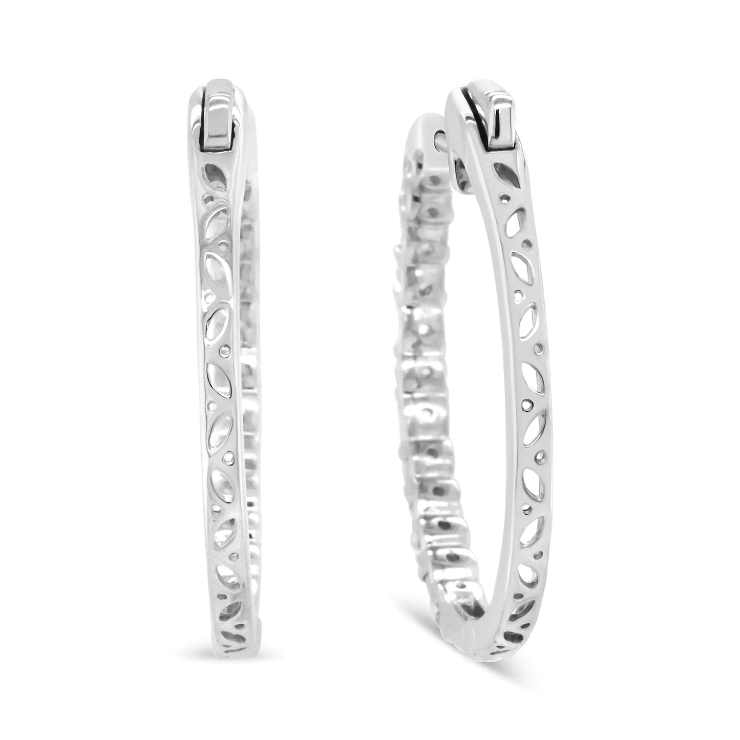 14K White Gold 1 3/4 Cttw Round and Baguette Diamond Hoop Earrings - (H - I Color, SI2 - I1 Clarity) - Jaazi International