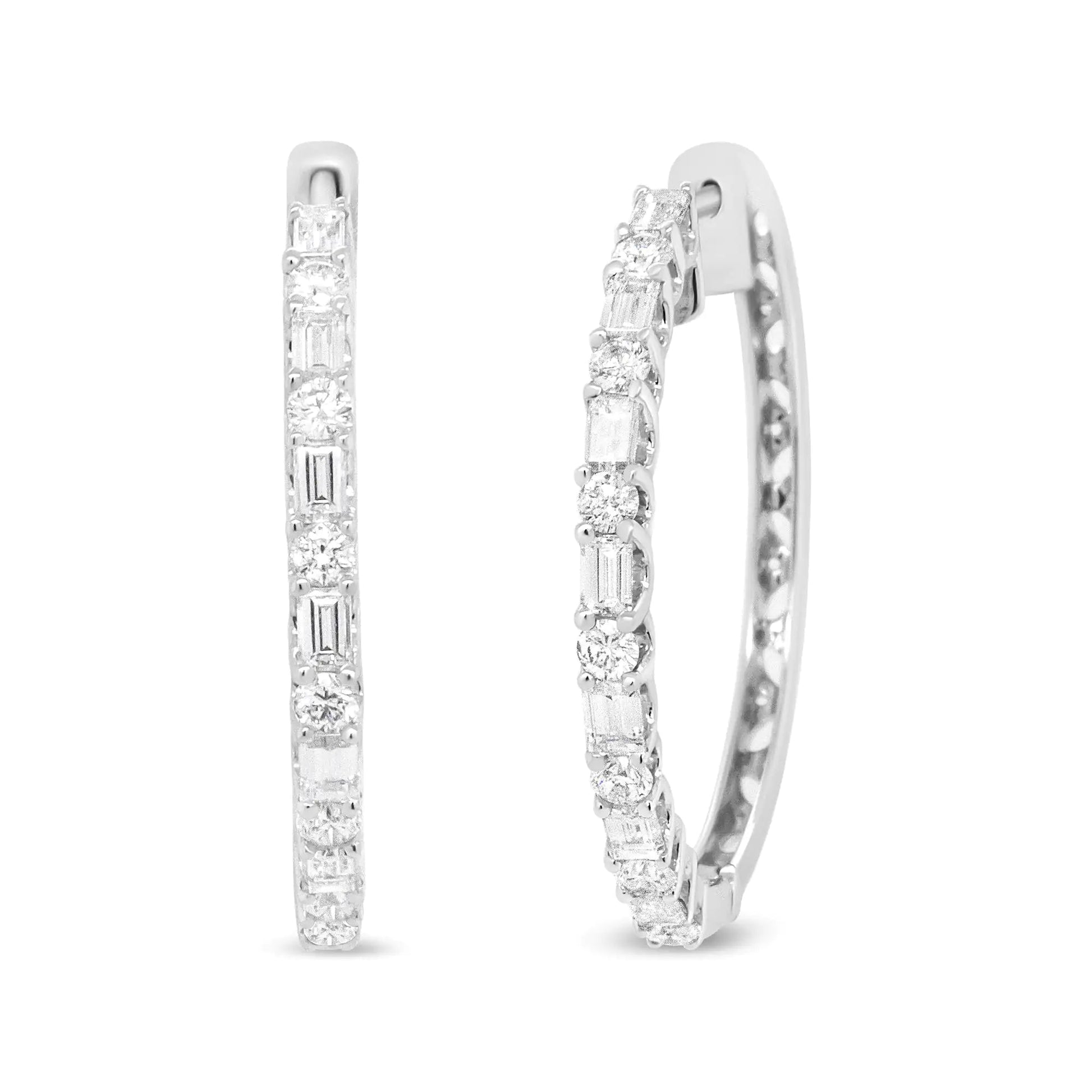 14K White Gold 1 3/4 Cttw Round and Baguette Diamond Hoop Earrings - (H - I Color, SI2 - I1 Clarity) - Jaazi International