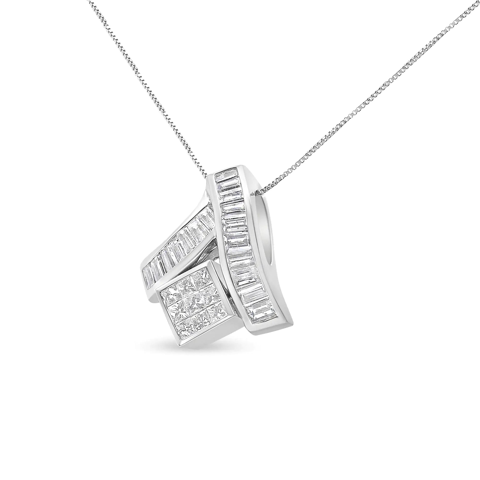 14K White Gold 1 7/8 cttw Princess and Baguette Cut Mixed Geometry Diamond Pendant Necklace (G - H, SI1 - SI2) - Jaazi International