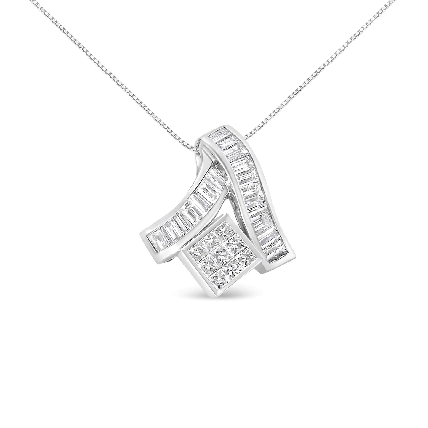 14K White Gold 1 7/8 cttw Princess and Baguette Cut Mixed Geometry Diamond Pendant Necklace (G - H, SI1 - SI2) - Jaazi International