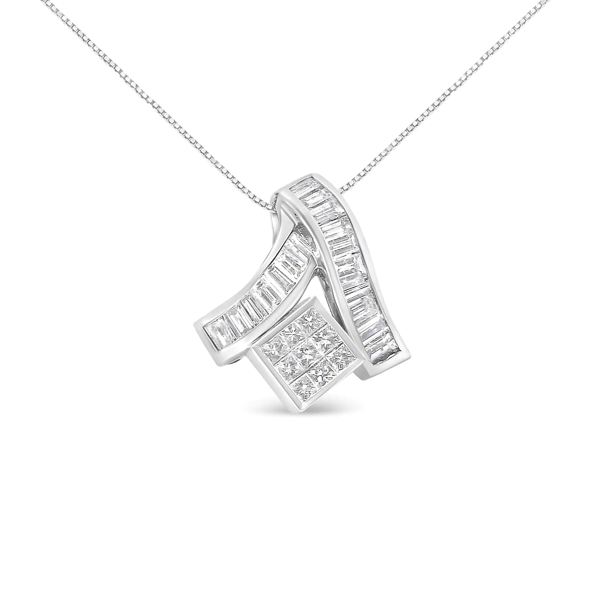 14K White Gold 1 7/8 cttw Princess and Baguette Cut Mixed Geometry Diamond Pendant Necklace (G - H, SI1 - SI2) - Jaazi International