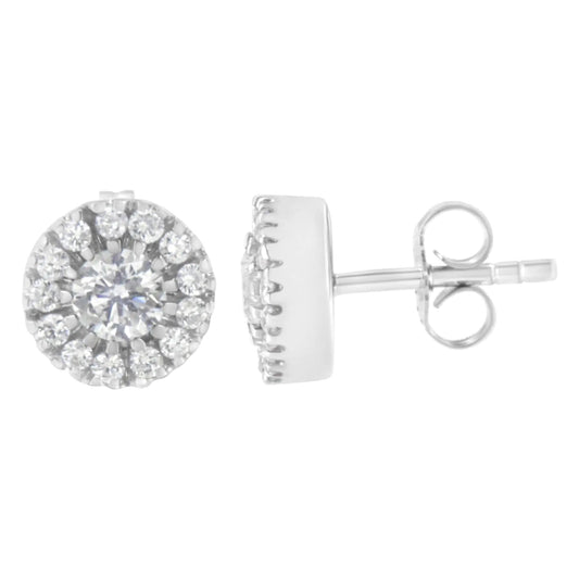 14k White Gold 1 cttw Diamond Halo Stud Earrings (I - J Clarity, I1 - I2 Color) - Jaazi Intl