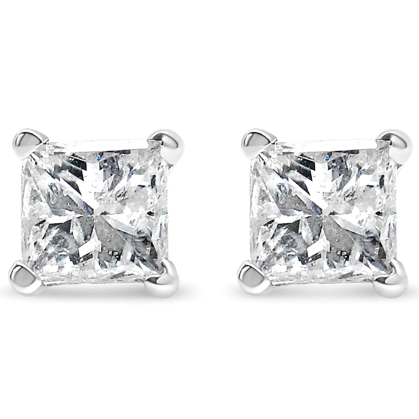 14k White Gold 1.0 Cttw 4 - Prong Set Princess - Cut Solitaire Diamond Push Back Stud Earrings (I - J Color, I1 - I2 Clarity) - Jaazi International