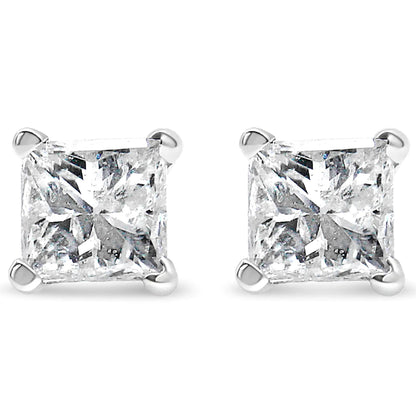 14k White Gold 1.0 Cttw 4 - Prong Set Princess - Cut Solitaire Diamond Push Back Stud Earrings (I - J Color, I1 - I2 Clarity) - Jaazi International