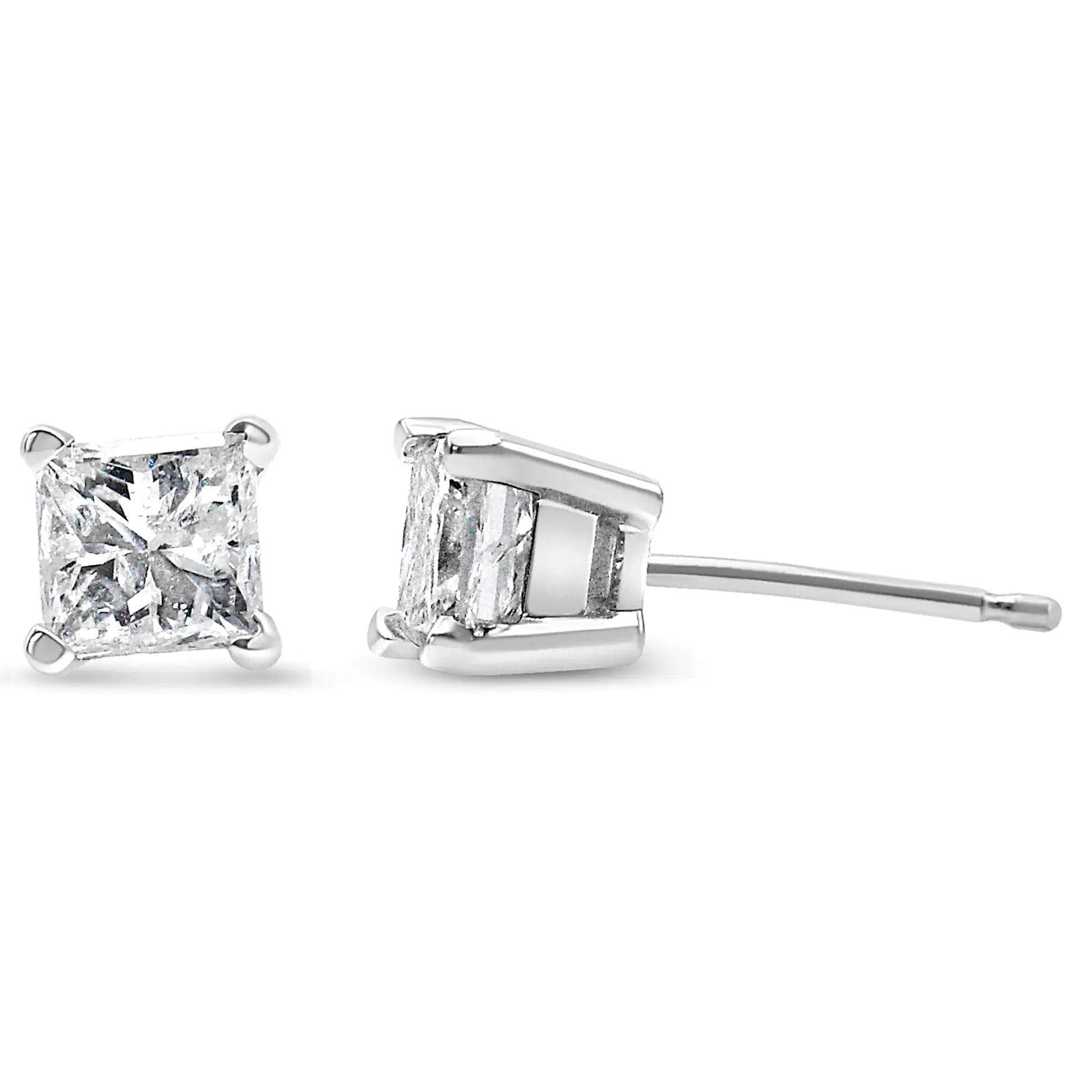 14k White Gold 1.0 Cttw 4 - Prong Set Princess - Cut Solitaire Diamond Push Back Stud Earrings (I - J Color, I1 - I2 Clarity) - Jaazi International