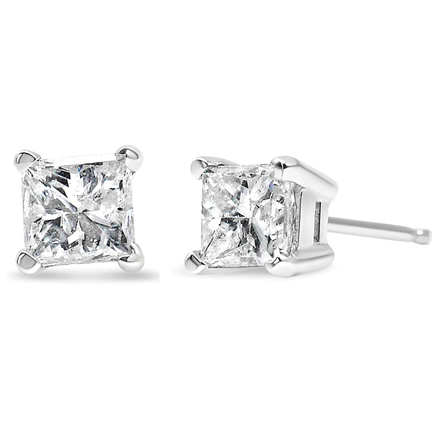 14k White Gold 1.0 Cttw 4 - Prong Set Princess - Cut Solitaire Diamond Push Back Stud Earrings (I - J Color, I1 - I2 Clarity) - Jaazi International