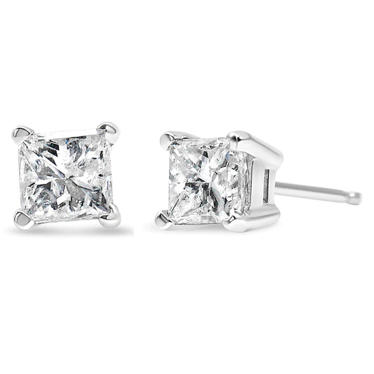 14k White Gold 1.0 Cttw 4 - Prong Set Princess - Cut Solitaire Diamond Push Back Stud Earrings (I - J Color, I1 - I2 Clarity) - Jaazi International