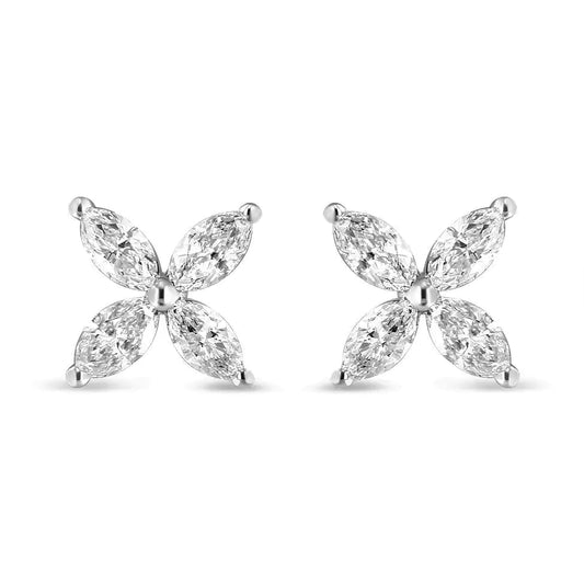 14K White Gold 1.0 Cttw Lab Grown Marquise Diamond 8 Stone Floral Leaf Stud Earrings (F - G Color, VS2 - SI1 Clarity) - Jaazi Intl