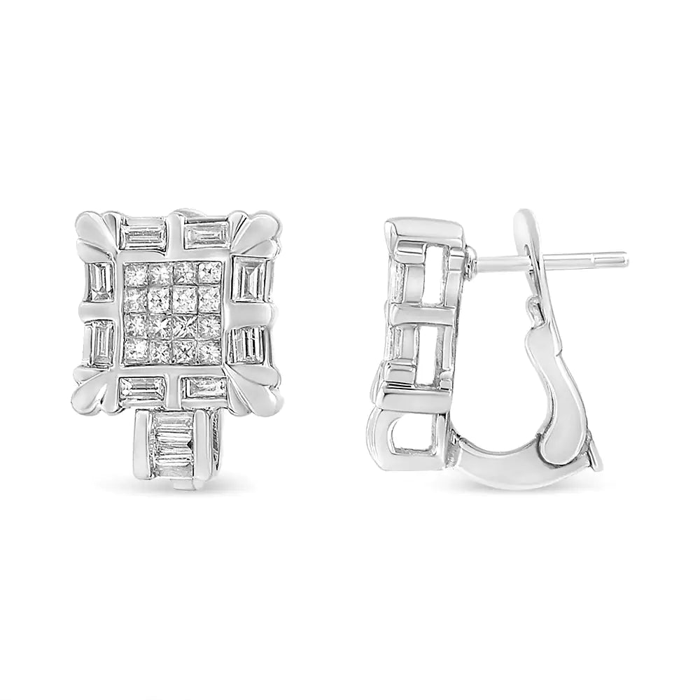 14K White Gold 1.0 Cttw Princess and Baguette - Cut Diamond Square Framed Huggie Hoop Omega Earrings (H - I Color, SI1 - SI2 Clarity) - Jaazi International