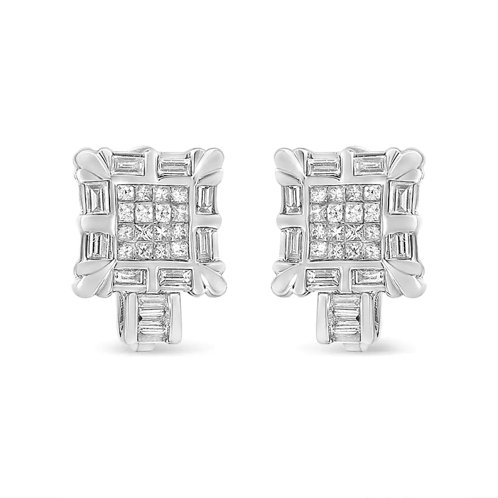 14K White Gold 1.0 Cttw Princess and Baguette - Cut Diamond Square Framed Huggie Hoop Omega Earrings (H - I Color, SI1 - SI2 Clarity) - Jaazi International