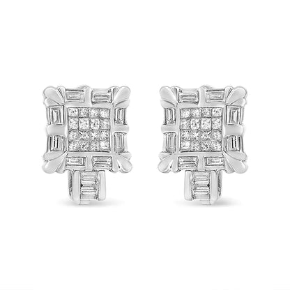 14K White Gold 1.0 Cttw Princess and Baguette - Cut Diamond Square Framed Huggie Hoop Omega Earrings (H - I Color, SI1 - SI2 Clarity) - Jaazi International