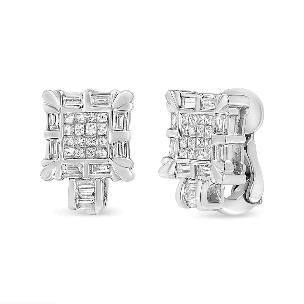 14K White Gold 1.0 Cttw Princess and Baguette - Cut Diamond Square Framed Huggie Hoop Omega Earrings (H - I Color, SI1 - SI2 Clarity) - Jaazi International